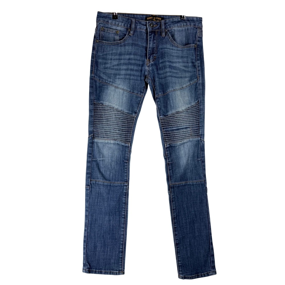 Ring of Fire Slim Fit Jeans Mens 30x32 Blue Moto Biker Ribbed Paneled Streetwear